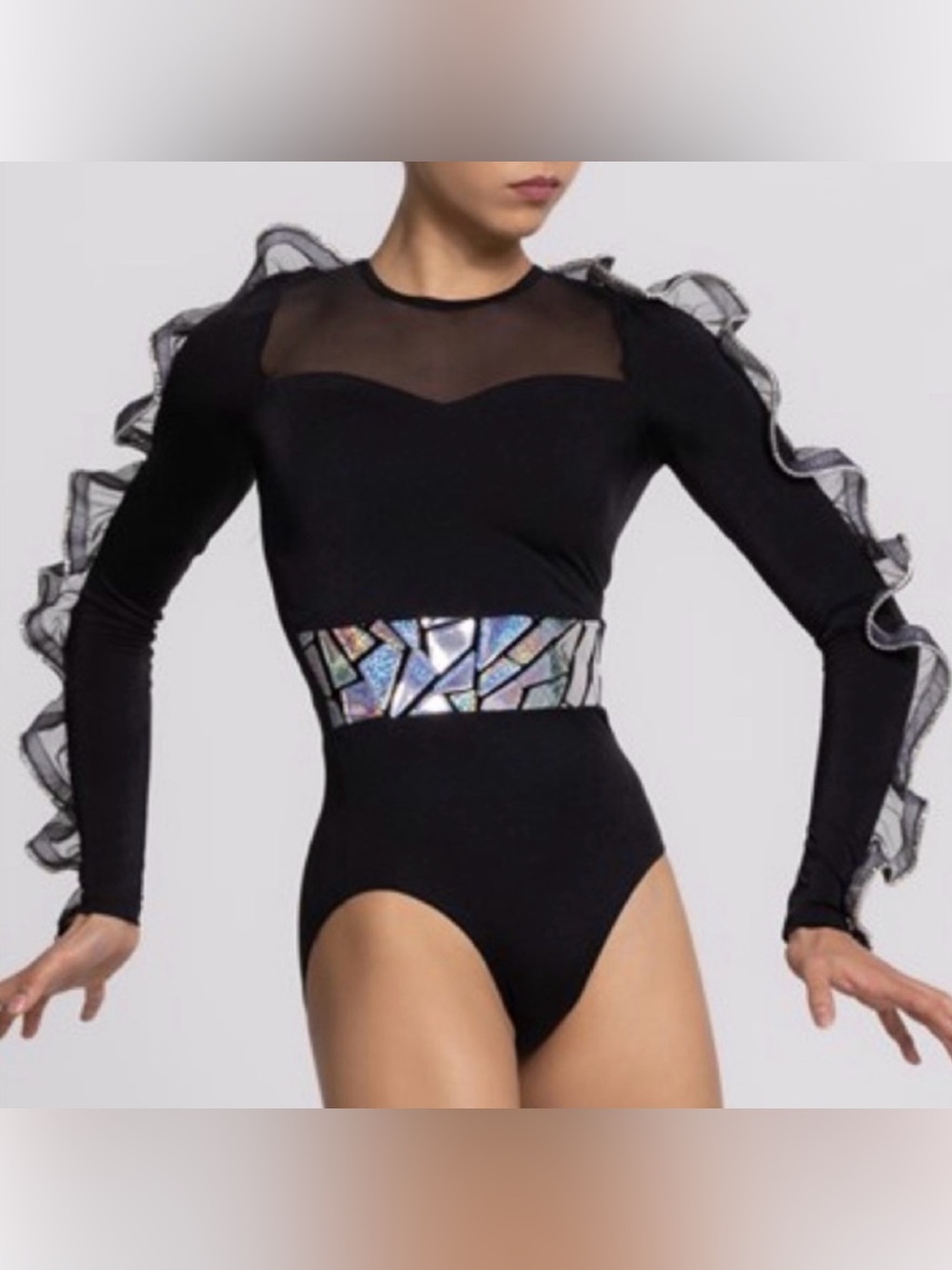 Weissman Black Long-Sleeve Bodysuit with Holographic Waistband